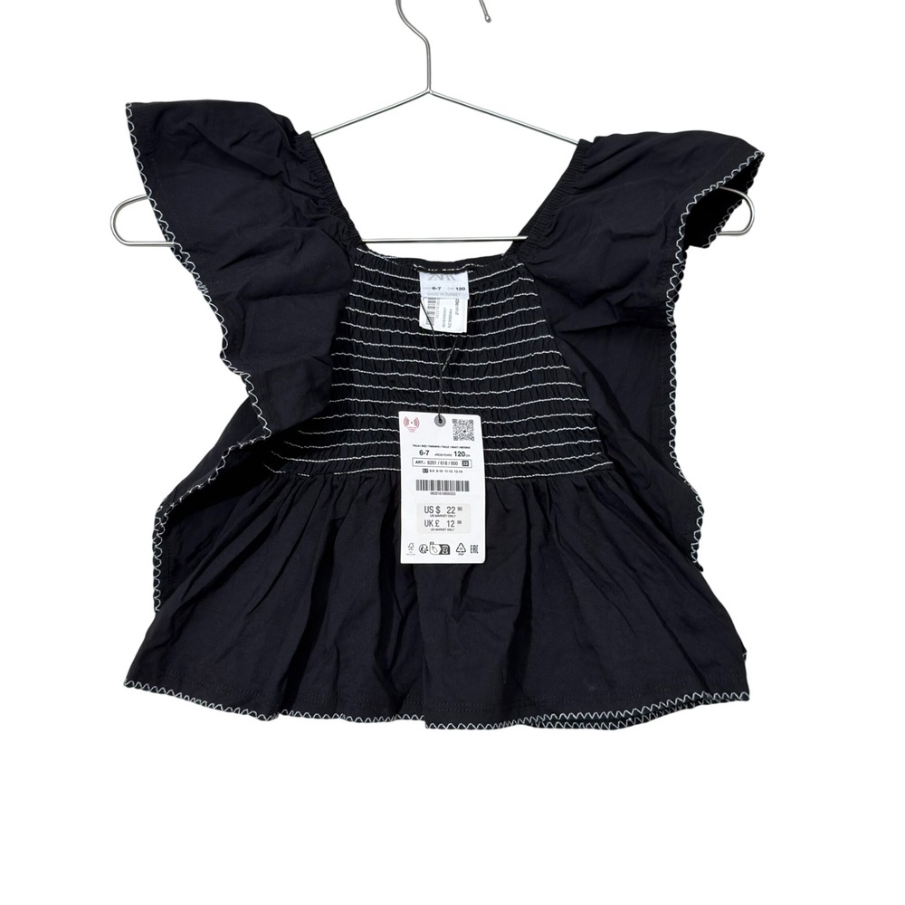 Zara Girls 6-7 120 Black Smocked Ruffle Peplum Top Blouse NWT